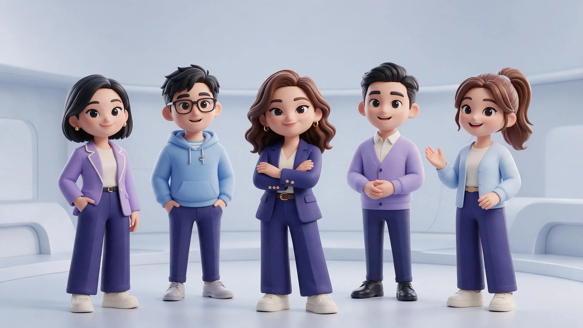 Five friendly 3D cartoon digital colleagues